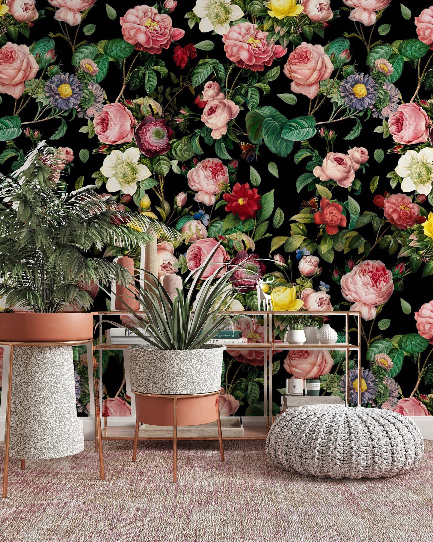 Colorful Roses Dark Floral Flowers Modern Background Wallpaper Living Room Cafe Restaurant Office Bedroom Mural Home Wall Art