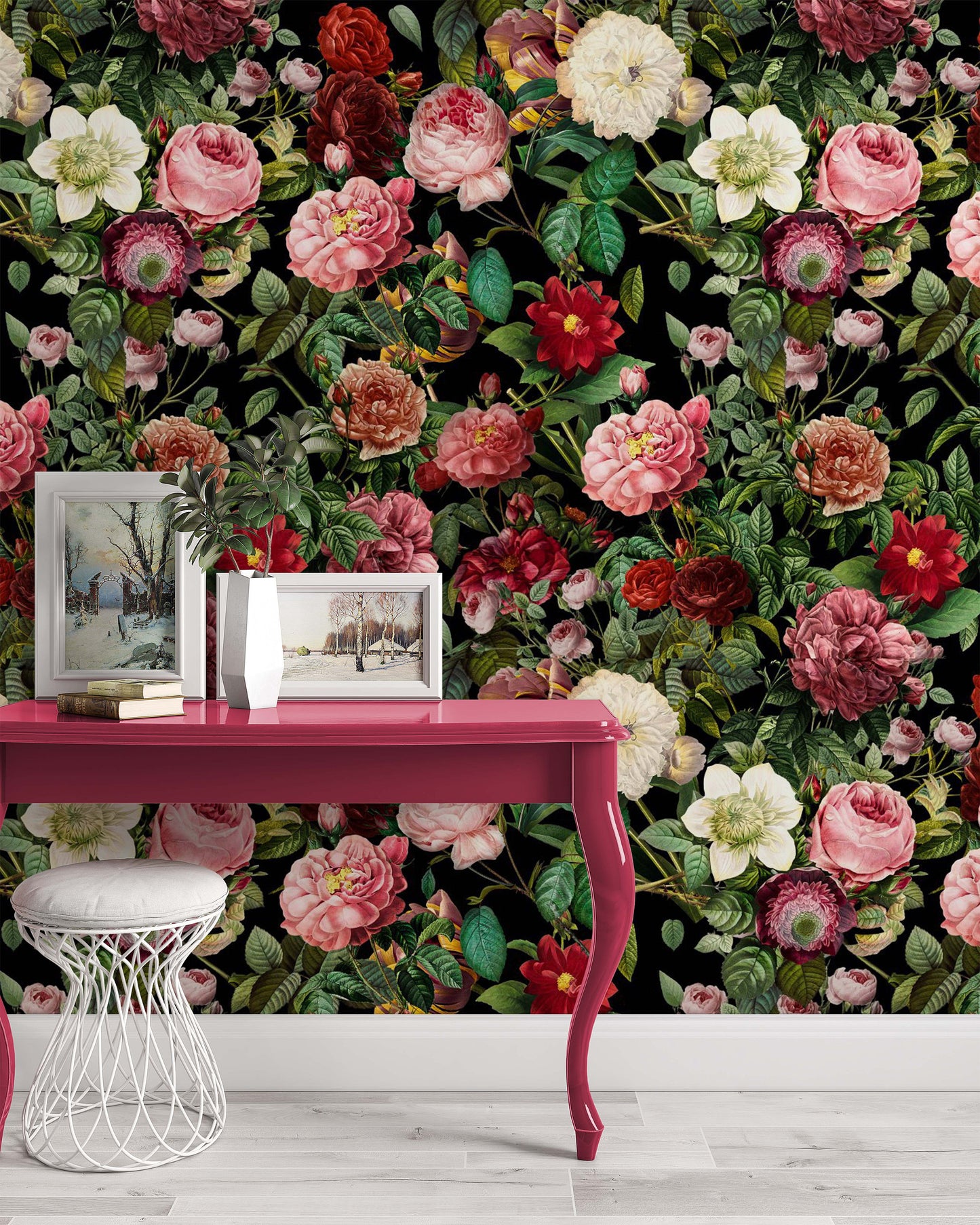 Colorful Roses Dark Floral Flowers Modern Background Wallpaper Living Room Cafe Restaurant Office Bedroom Mural Home Wall Art