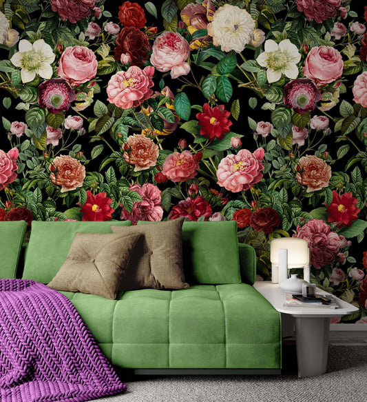 Colorful Roses Dark Floral Flowers Modern Background Wallpaper Living Room Cafe Restaurant Office Bedroom Mural Home Wall Art