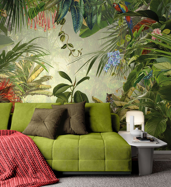 Tropical Jungle Vivid Plants Floral Background Wallpaper