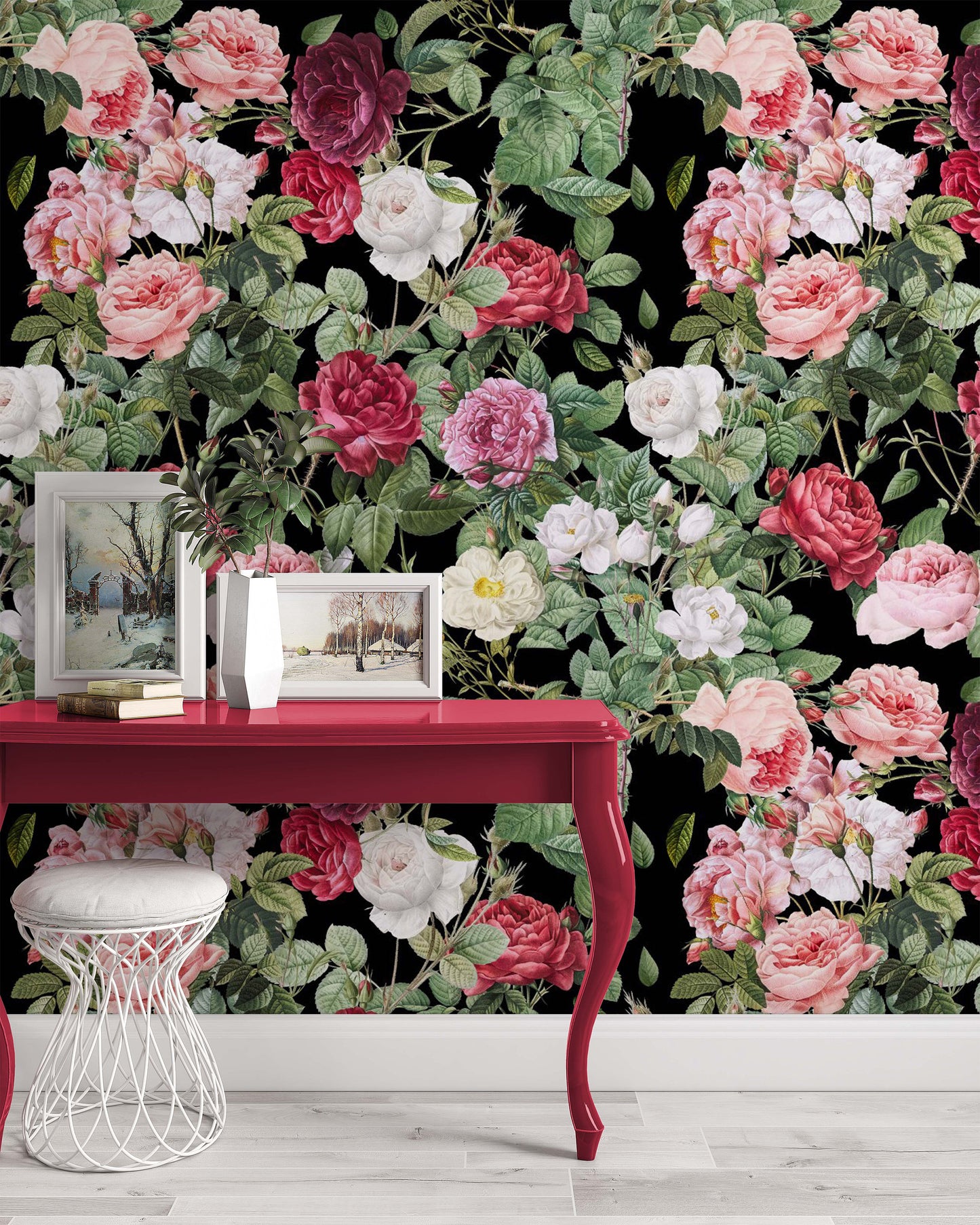 Colorful Roses Dark Floral Flowers Modern Background Wallpaper Bedroom Cafe Restaurant Living Room Office Mural Home Wall Art