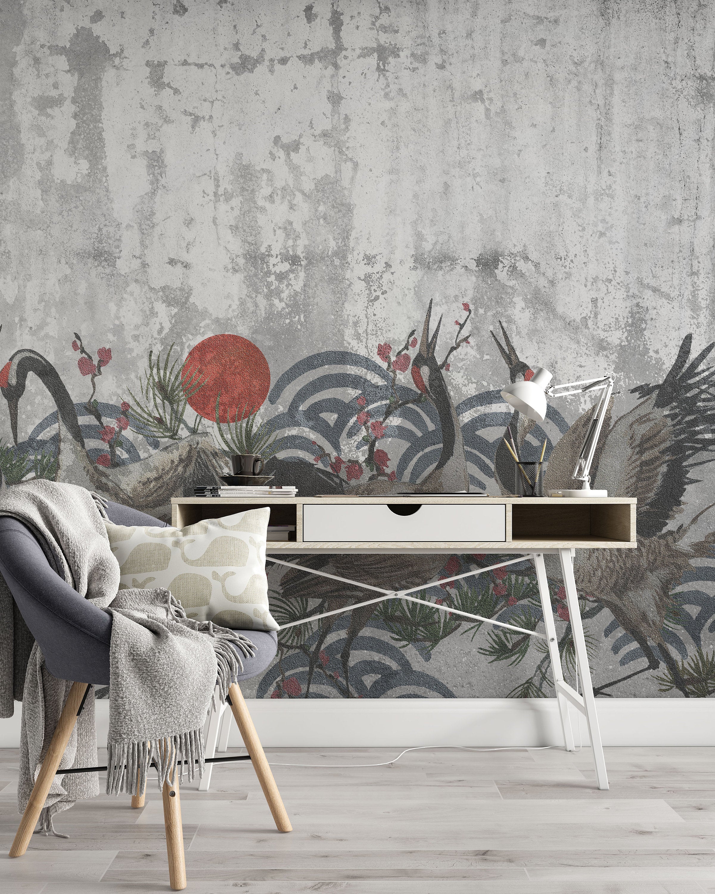 Concrete Flamingo Japanese Design Animal Wallpaper