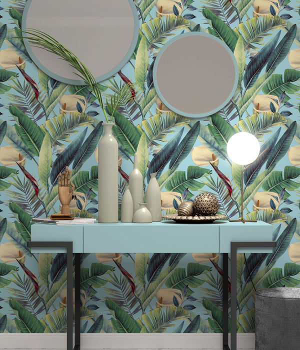 Floral Pattern with Tropical Leaves On Light Wallpaper