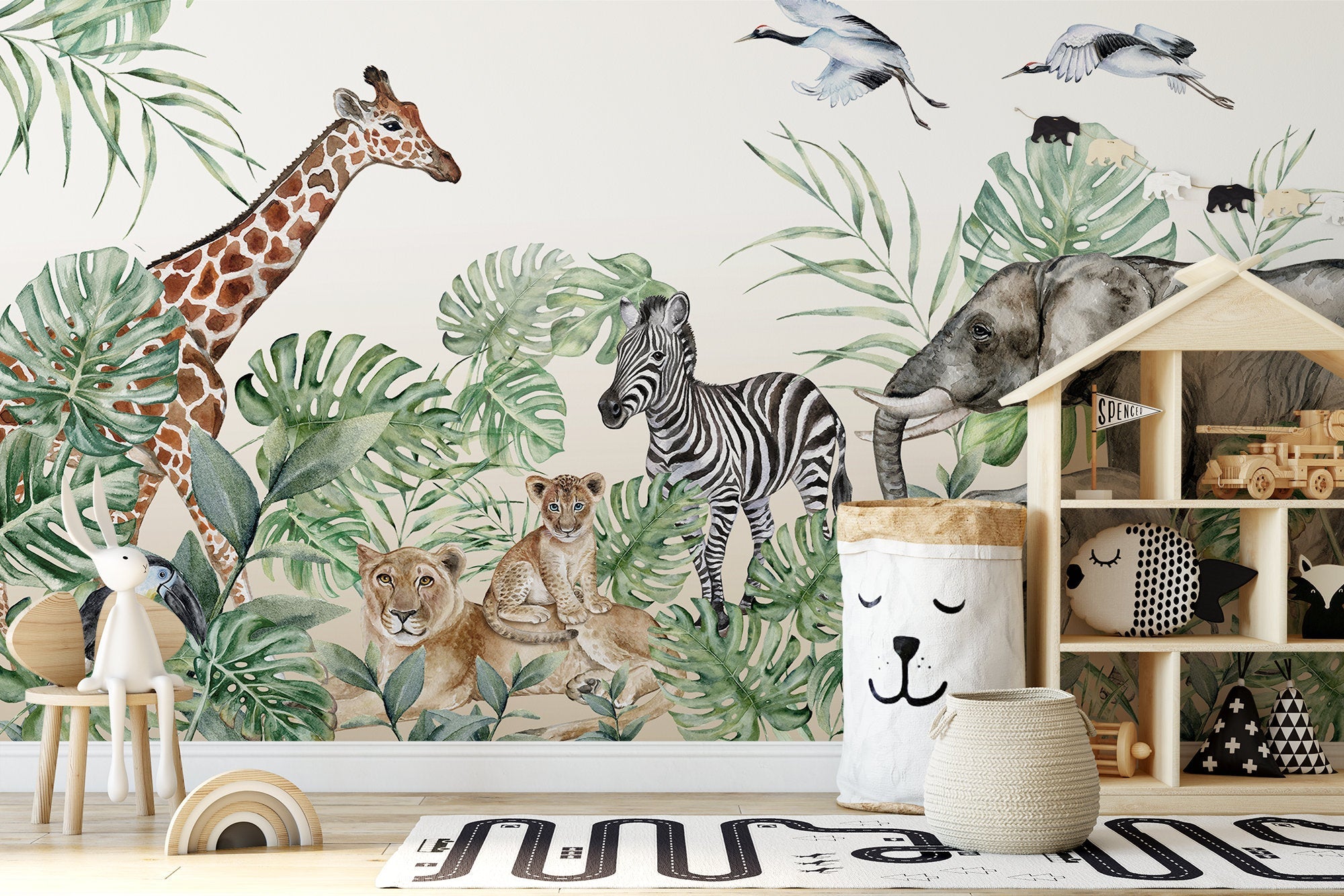Wild Life Safari Giraffe Elephant Zebra Lion and Cub Palm Trees Wallpaper