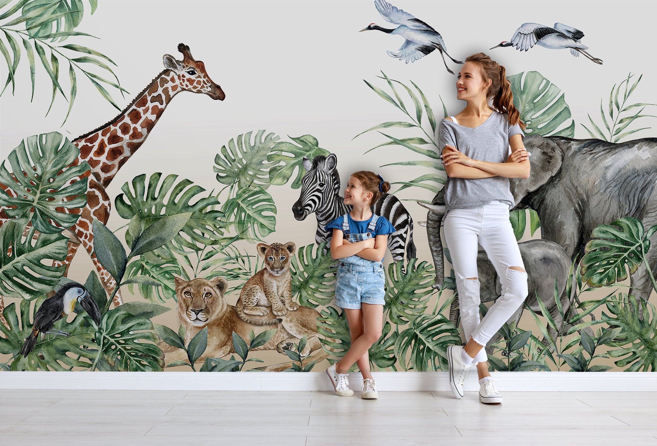 Wild Life Safari Giraffe Elephant Zebra Lion and Cub Palm Trees Wallpaper