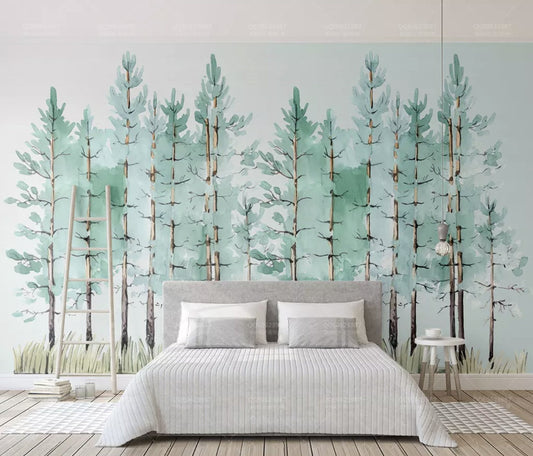 Watercolor Pine Tree Leaves Floral Wallpaper Removable