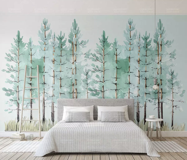 Watercolor Pine Tree Leaves Floral Wallpaper Removable