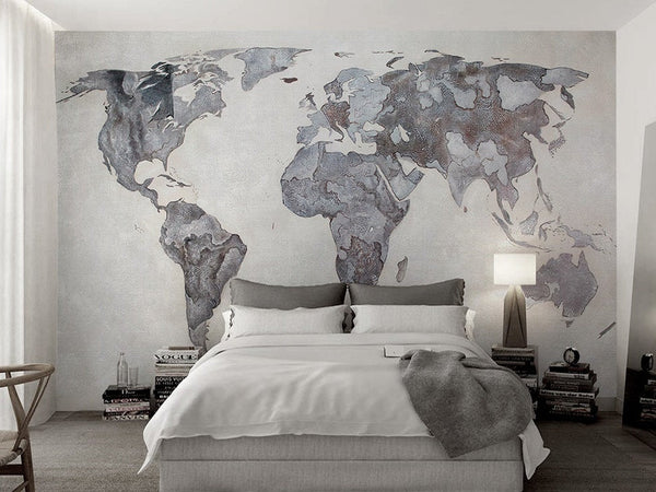 Grey White World Map Wallpaper Mural Home Decor Wall Art