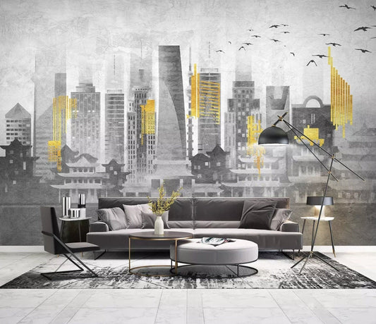 Skyscrapers Birds Black and White Yellow Lines Wallpaper