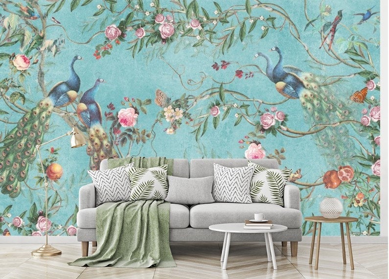 Flowers and Peacock on The Blue Background Floral Wallpaper