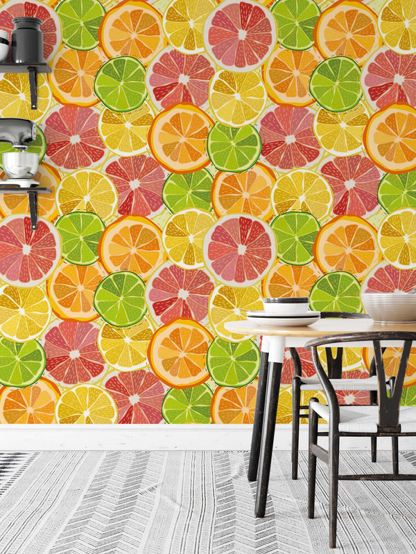 Color Citrus Juicy Fruit of Orange Grapefruit Lemon Lime Wallpaper Cafe Restaurant Kitchen Dining Mural Home Decor Wall Art