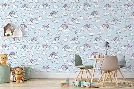 Clouds Rainbow and Hearts on The Blue Background Wallpaper Animal Bedroom Children Kids Room Mural Home Decor Wall Art Removable