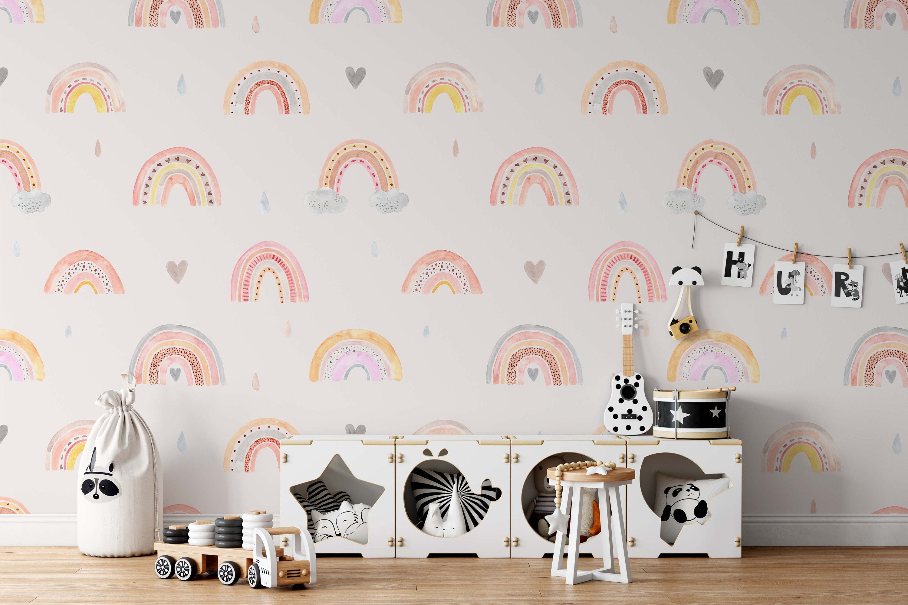 Watercolor Rainbow Rain Clouds Hearts on The Pink Background Wallpaper Animal Bedroom Children Kids Room Mural Home Decor Wall Art Removable