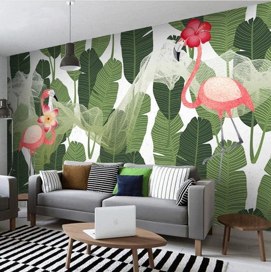 Pink Flamingos Among Green Exotic Leaves Animal Wallpaper