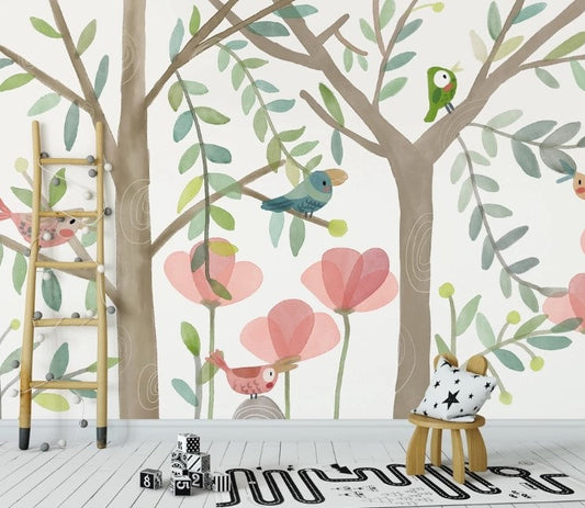 Birds And Trees Kids Room Wallpaper Animals Decor Wall Art