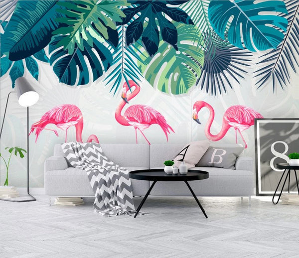 Three Pink Flamingos  Exotic Leaves Plants Animal Wallpaper
