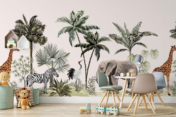 Tropical Jungle Botanical Plants Leaves African Animals Palm Trees Wallpaper Bedroom Children Kids Room Mural Decor Wall Art