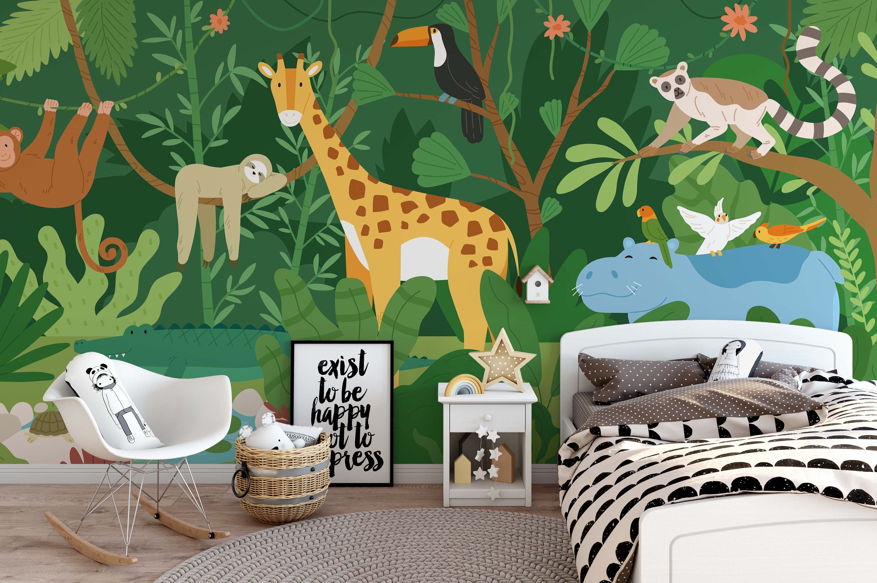 Cute Funny Inhabitants of African Jungle Exotic Plants Palm Trees Animals Wallpaper Bedroom Children Kids Room Mural Decor Wall Art