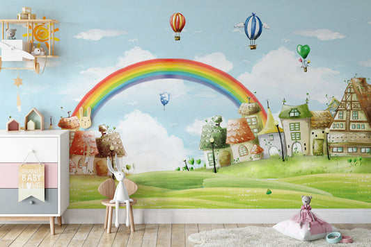 Rainbow Colorful Air Hot Balloons Cute Houses Wallpaper