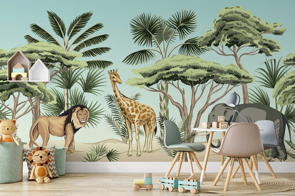 Palm Banana Tree Animals Blue Sky Exotic Wallpaper Wall Art
