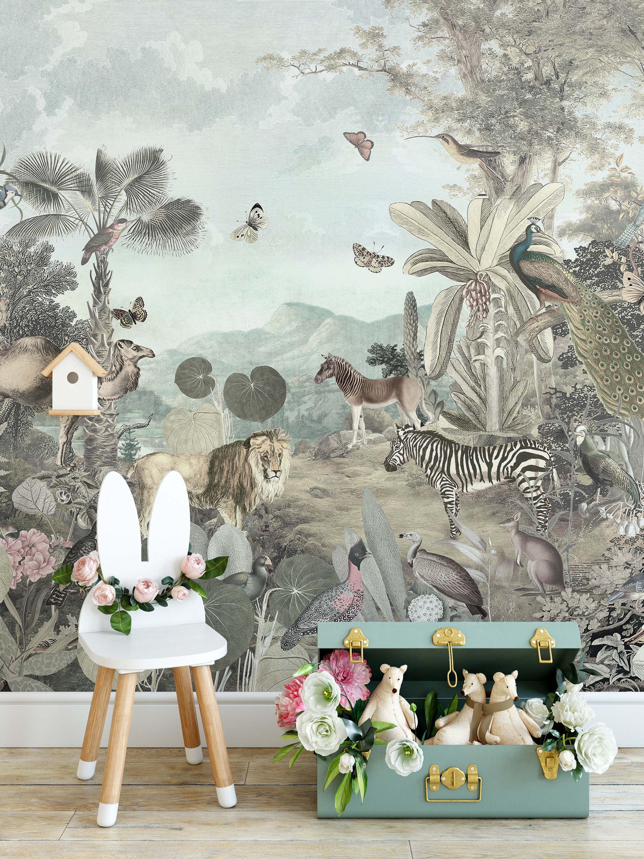 The Animals in Tropical Jungle Wallpaper Mural Home Decor