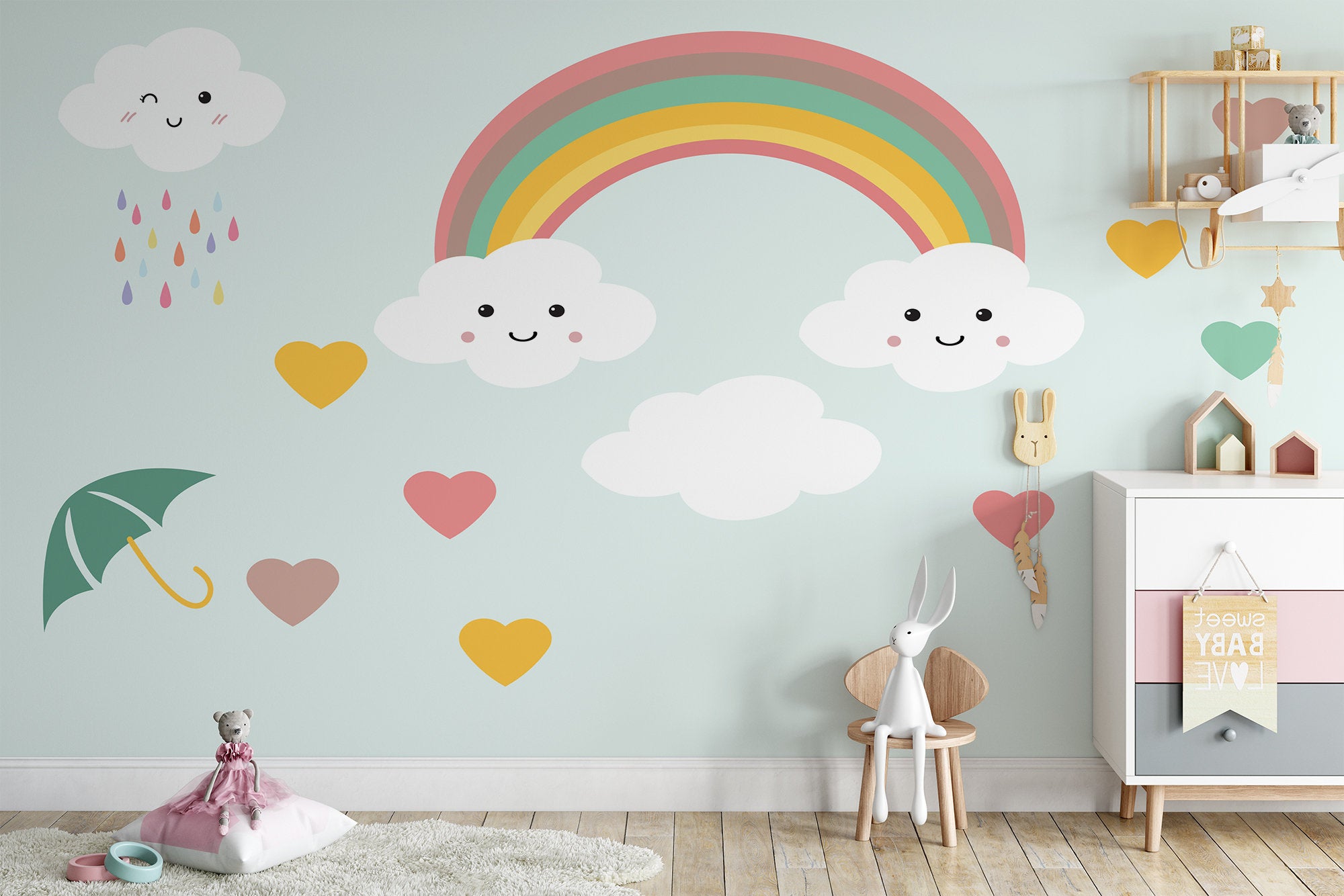 Rainbow Above Clouds Smiling Colorful Hearts Wallpaper Nursery Bedroom Children Kids Room Mural Home Decor Wall Art Removable