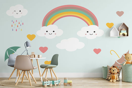 Rainbow Above Clouds Smiling Colorful Hearts Wallpaper Nursery Bedroom Children Kids Room Mural Home Decor Wall Art Removable