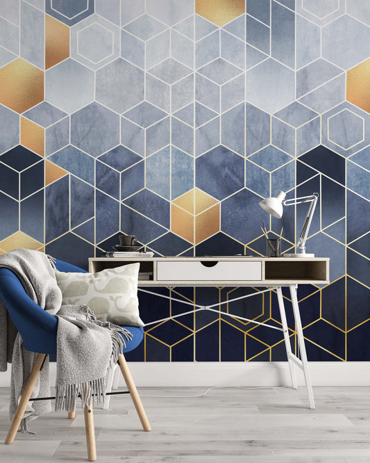 Geometric Abstraction of Hexagons on a Blue Background with Gold Elements Wallpaper Office Living Room Bedroom Mural Home Decor Wall Art