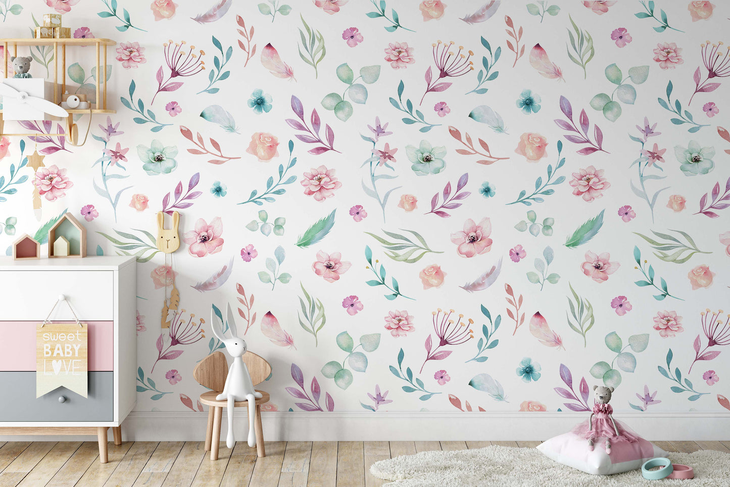 Watercolor Colorful Pattern Flowers Floral Design Wallpaper Nursery Bedroom Children Kids Room Mural Home Decor Wall Art Removable