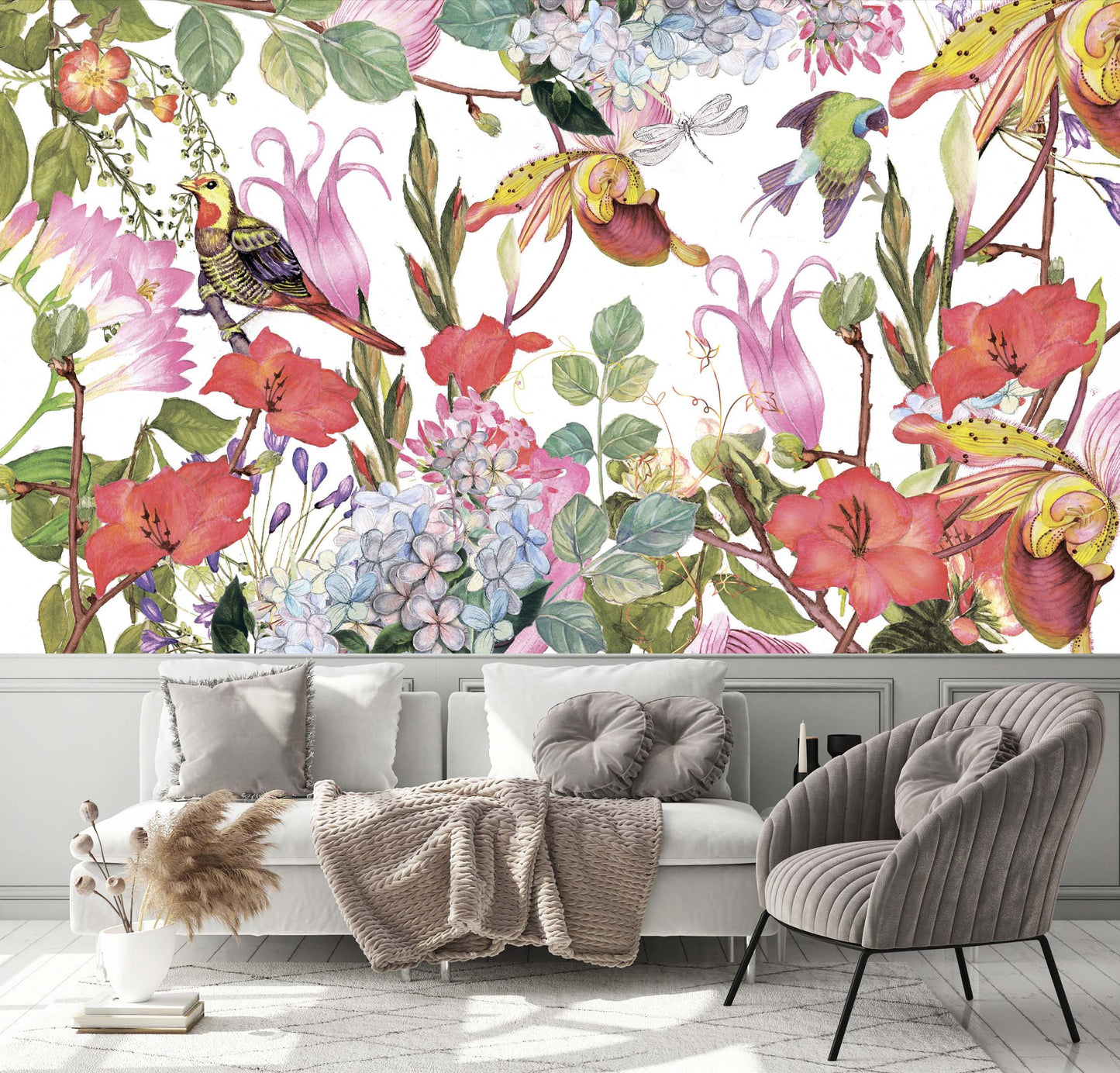 Birds Spring Garden Flowers Background Floral Wallpaper