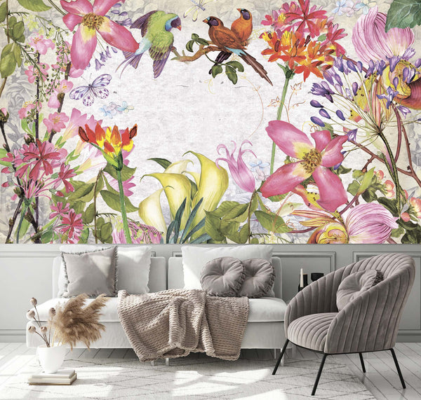 Spring Flowers Wallpaper Birds Peel and Stick Bohemian Floral Wall Mural