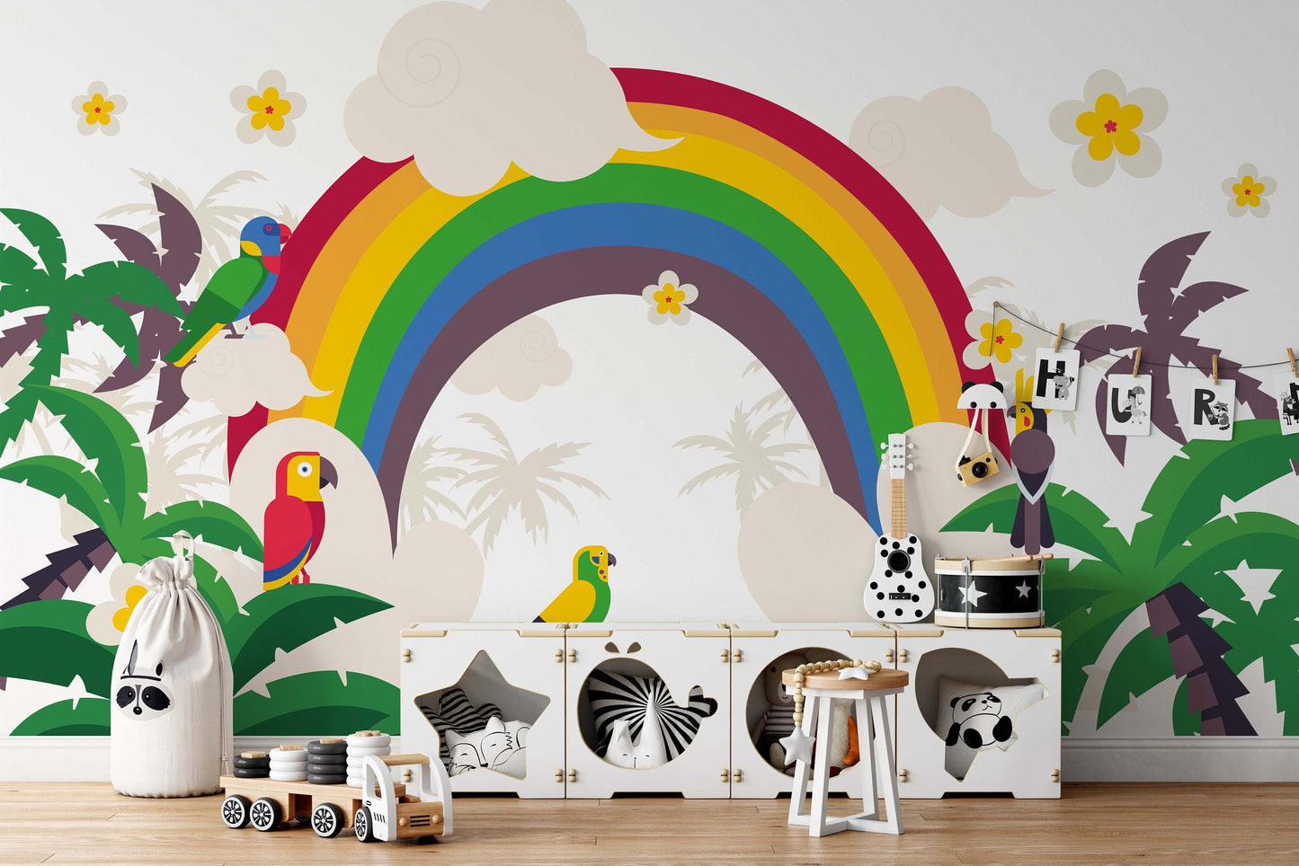 Tropical Paradise Rainbow Palm Parrot Landscape Wallpaper