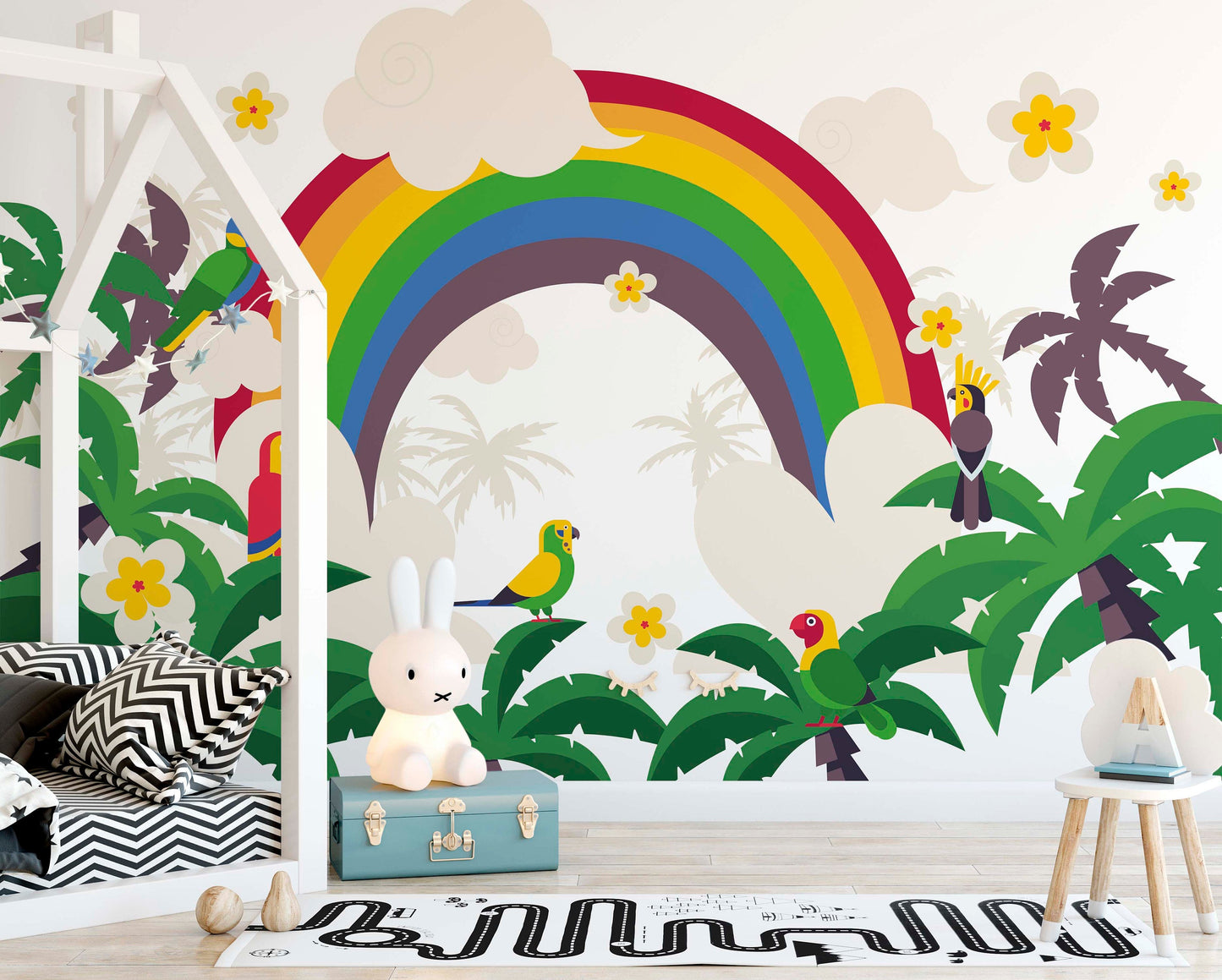 Tropical Paradise Rainbow Palm Parrot Landscape Wallpaper