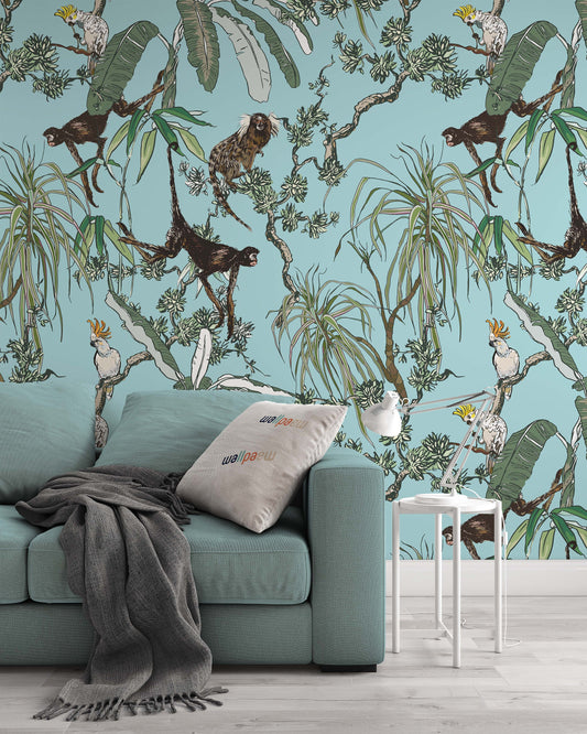 Monkeys and Parrots in Exotic Plants Floral Animal Wallpaper