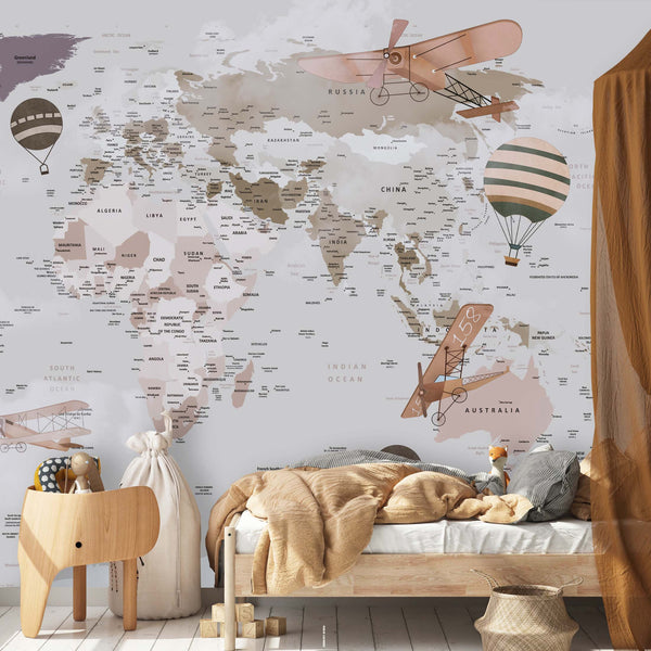 Air Balloons and Small Planes World Map Wallpaper Animal Animals Bedroom Children Kids Room Mural Home Decor Wall Art