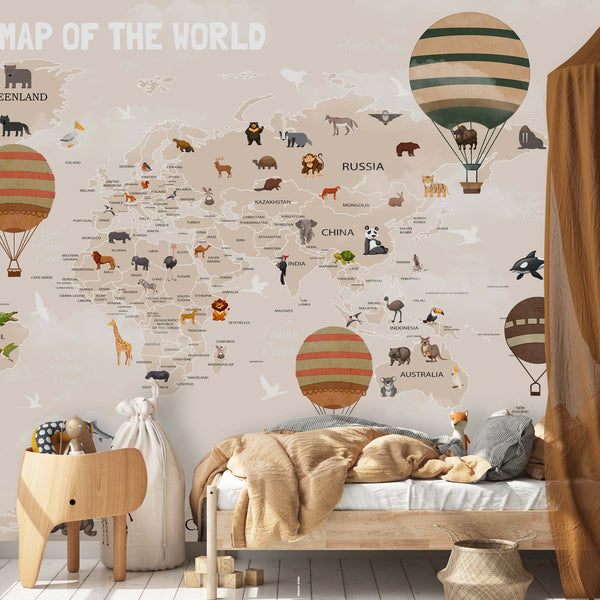 Air Balloons and Cute Animals World Map Wallpaper Animal Bedroom aChildren Kids Room Mural Home Decor Wall Art