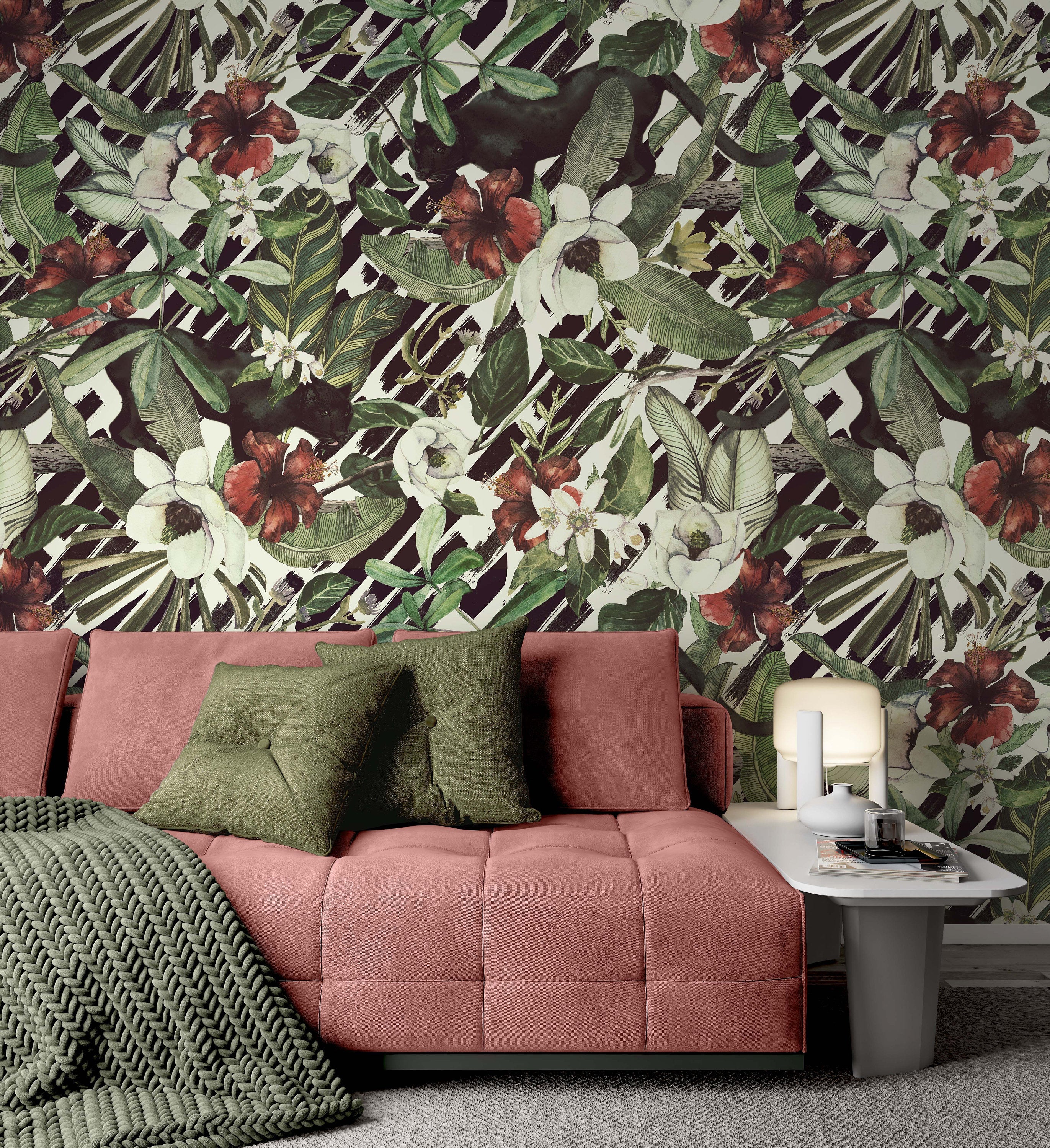 Tropical Flowers Banana Leaves Panther Wildcat Animal Floral Wallpaper Restaurant Living Room Cafe Office Bedroom Mural Home Wall Art