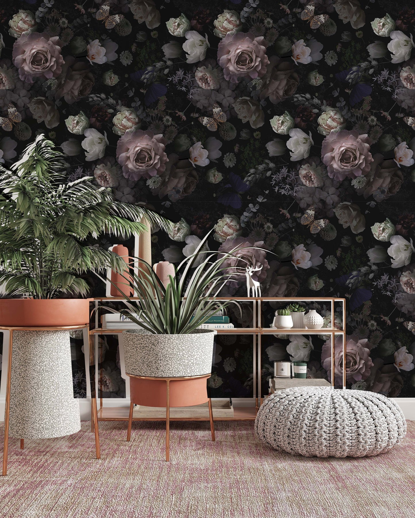 Pink and White Roses Flowers on The Dark Color Background Floral Wallpaper Living Room Cafe Restaurant Office Bedroom Mural Home Wall Art