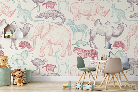 Colorful African Animals Wildlife Background Wallpaper Animal Kids Room Nursey Bedroom Children Mural Home Decor Wall Art Removable