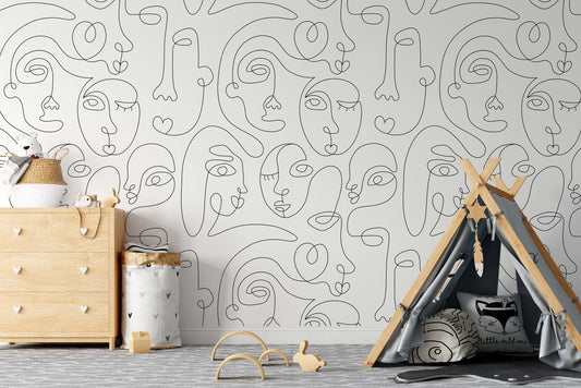 One Line Drawing Abstract Face Seamless Pattern Funny Wallpaper Nursery Children Kids Room Mural Home Decor Wall Art Removable