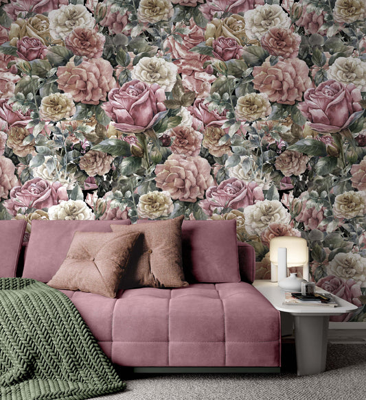 Vintage Floral Pattern with of Colorful Roses Garden Flowers Wallpaper Restaurant Living Room Cafe Office Bedroom Mural Home Wall Art