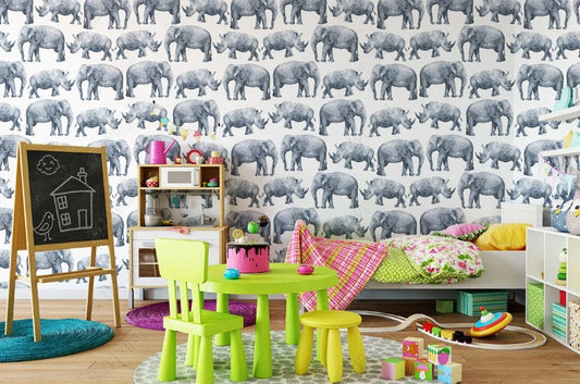 African Animals Elephants and Rhinos Background Wallpaper Animal Kids Room Nursey Bedroom Children Mural Home Decor Wall Art Removable