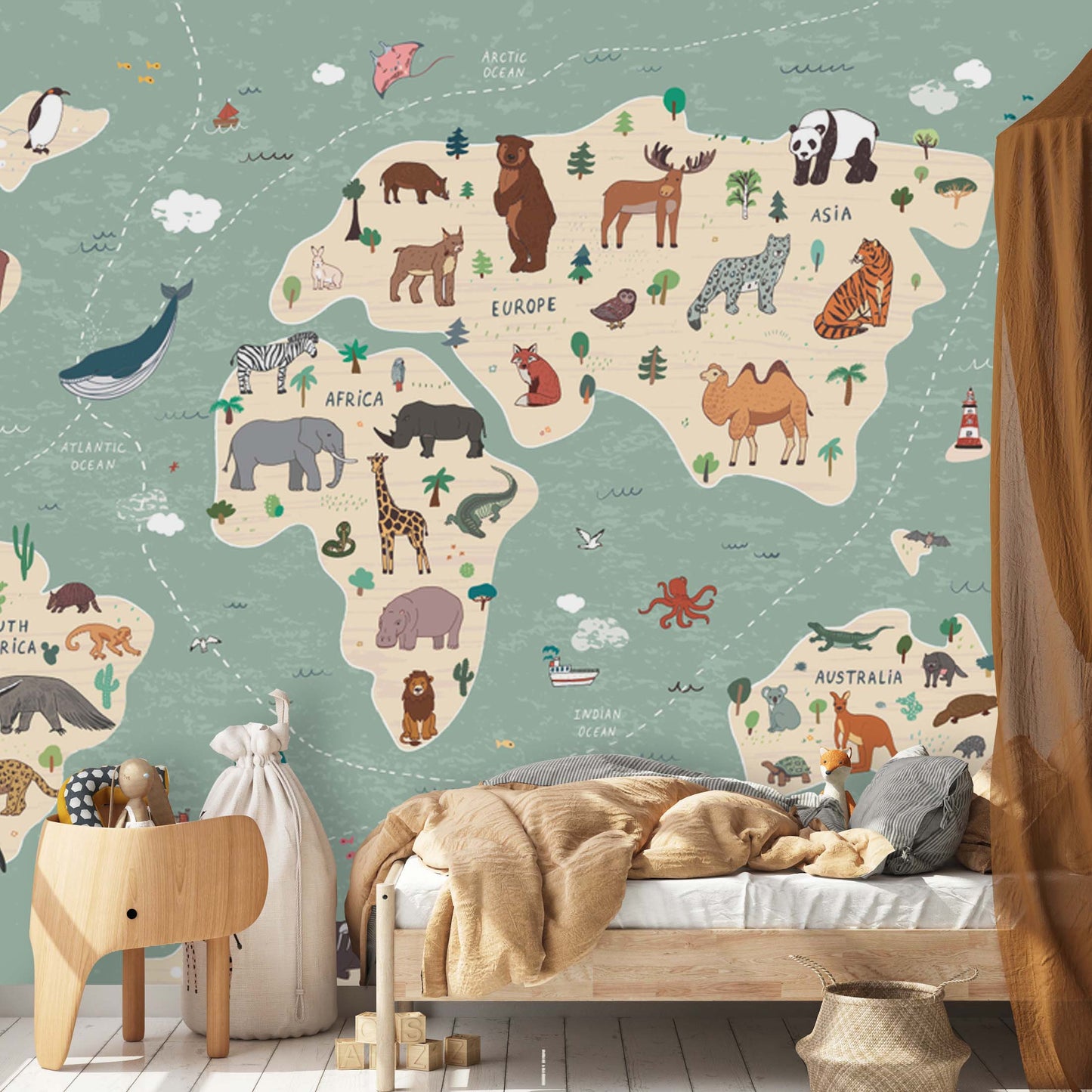 Children World Maps Animals and Plants Background Wallpaper Animal Bedroom Children Kids Room Mural Home Decor Wall Art