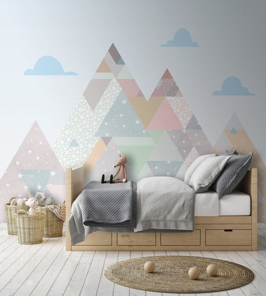 Blue Clouds Colorful Triangle Row Mountains Wallpaper Nursery Bedroom Children Kids Room Mural Home Decor Wall Art