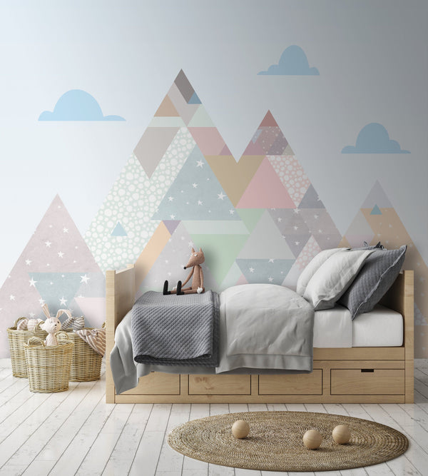 Blue Clouds Colorful Triangle Row Mountains Wallpaper Nursery Bedroom Children Kids Room Mural Home Decor Wall Art