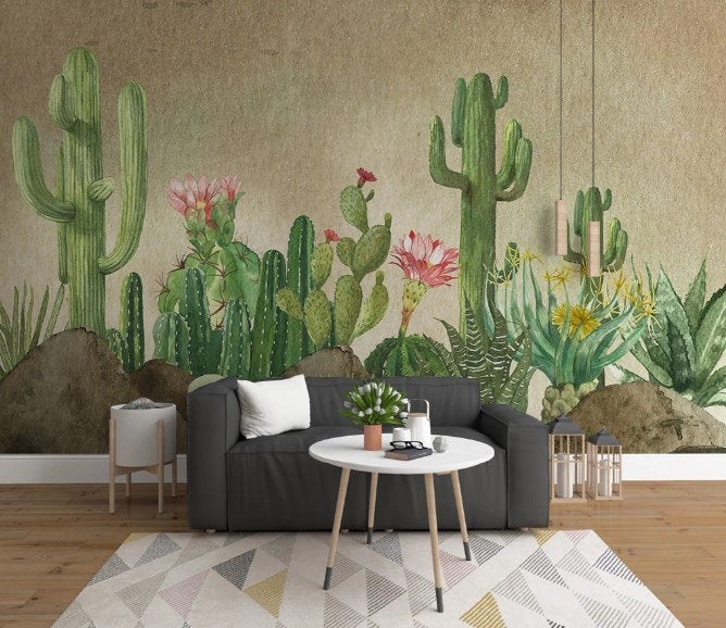 Green Desert Cactuses Plants Pink Flowers Floral Background Wallpaper Restaurant Living Room Cafe Office Bedroom Mural Home Wall Art