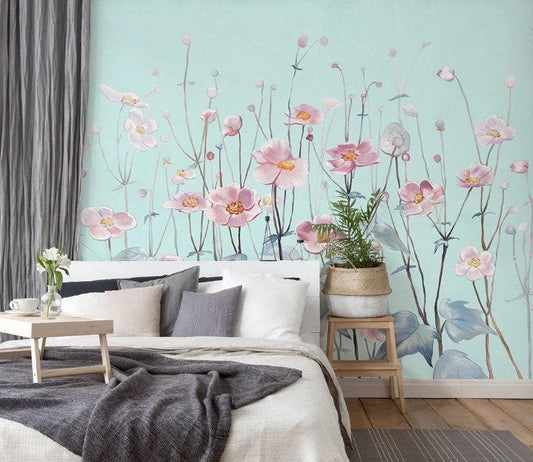 Pink Garden Flowers on The Lightblue Background Floral Wallpaper Restaurant Living Room Cafe Office Bedroom Mural Home Wall Art