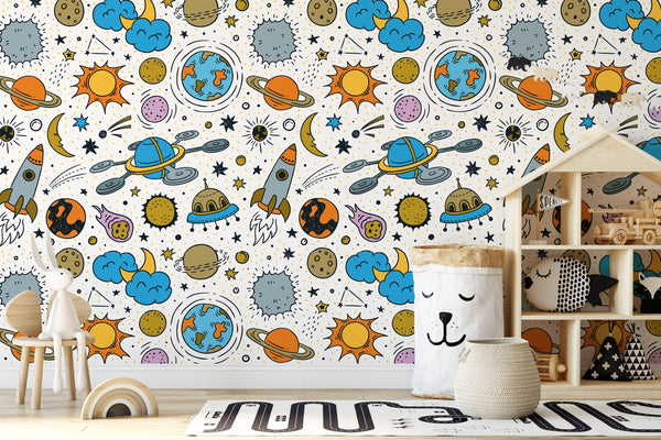 Space Background with Planets Spaceships Rockets and Stars Funny Wallpaper Bedroom Children Kids Room Mural Home Decor Wall Art