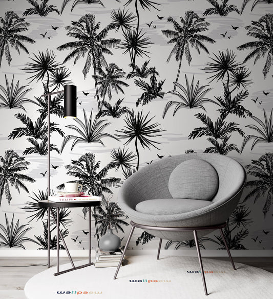 Coconut Palm Trees Tropical Plants Silhouettes Sea Birds Wallpaper Cafe Office Bedroom Restaurant Living Room Mural Home Wall Art Removable