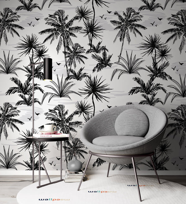 Coconut Palm Trees Tropical Plants Silhouettes Sea Birds Wallpaper Cafe Office Bedroom Restaurant Living Room Mural Home Wall Art Removable